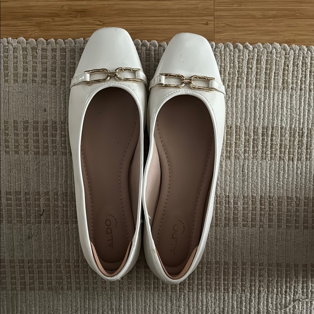 Aldo White Square Toe Ballet Flats with Metal Detail